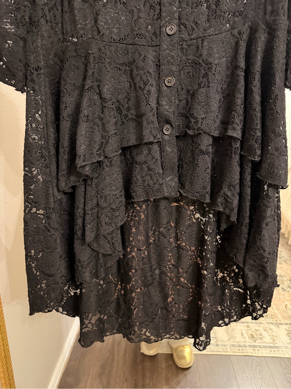 Women's Black Lace Ruffled Button-Front Blouse - Picture 6 of 6